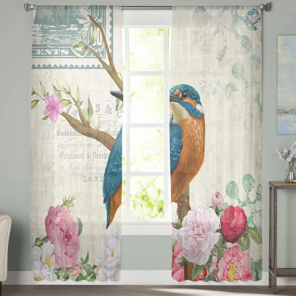 Vintage Flower Kingfisher Tulle Curtains for Living Room Kitchen Bedroom Sheer Tulle for Cafe Hotel Modern Home Decor