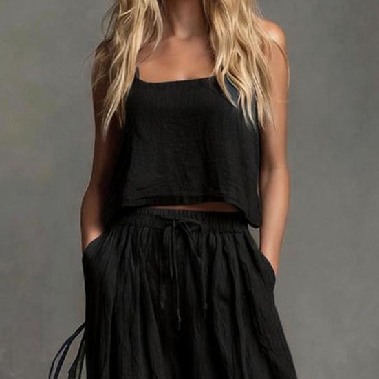 Sommer ärmelloses 2-teiliges Outfit für Damen, lässiges Crop-Cami-Top und weite Hosen, Loungewear-Partnerlook-Sets mit Taschen