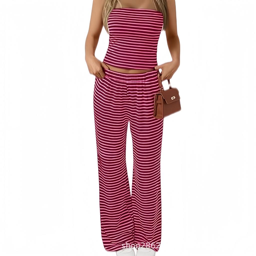 Damen gestreiftes Schlauchtop und weite Hosen 2-teiliges Outfit lässig mit Kordelzug Taille Loungewear Set