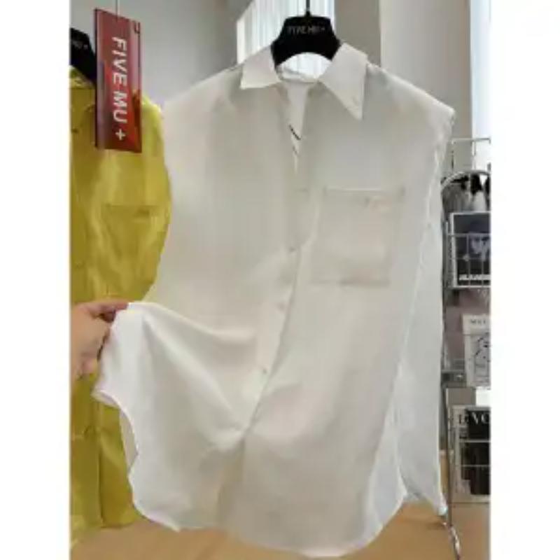 Women s Oversized Sleeveless Button Down Shirt Casual Loose Lapel Collar Blouse with Chest Pocket L