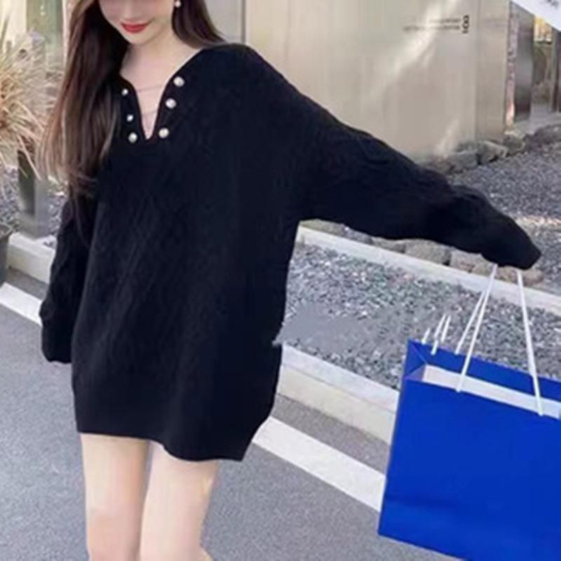 V-neck Twist Sweater Women In The Long Section of The Fall and Winter Loose Lazy Wind Gentle Pullover Knitted Tops