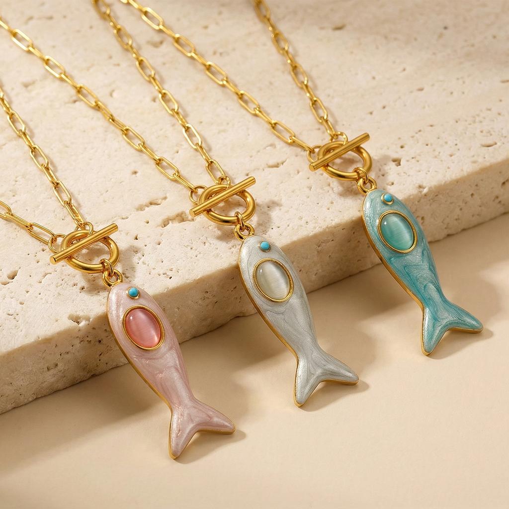 Fisch Emaille Blaue Strasssteine Anhänger Charm Halskette 18K Gold Beschichtet 304 Edelstahl Paperclip Glieder Kette Ozean 45cm(17.7 ")lange