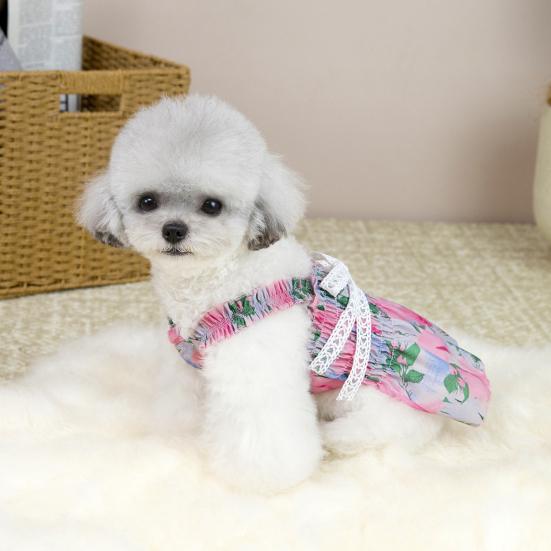 Dog Princess Dress with Floral Pattern Ruffle Sleeveless Puppy Summer Dress with Lace Bow Elastic Breathable Pet Clothes for Small Dogs Cats