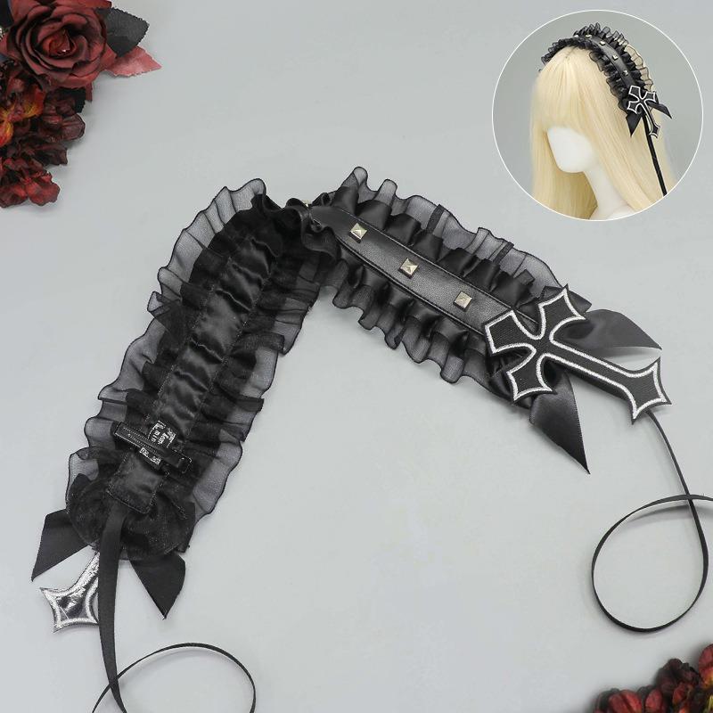 Dark gothic punk rivet headband subculture yk niche headgear lace rivet cross versatile hair accessories