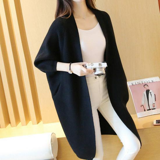 Women's Mid-Length Batwing Sleeve Knit Cardigan Shawl - Loose Fit, Plus Size, Korean Style for Autumn/Winter 2023