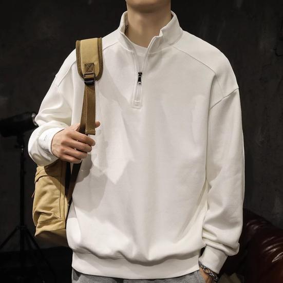 Pánská mikina na zip s elastickými manžetami, dlouhým rukávem a stojáčkem, volného střihu, jednobarevná, pro běžné nošení, do školy, střední délky