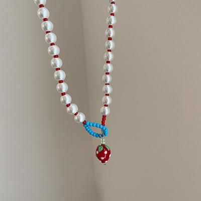 Fun Red Strawberry Pearl Beaded Necklace Female Sweet Delicate Cute Fashion Elegant Versatile Neck Chain Collarbone Chain