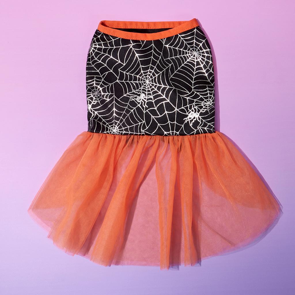 Halloween Dog Tutu Dress with Witch Bat/Spider Web Prints, Tulle Skirt Pet Costume Clothes for Small Dogs/Cats Festival Party