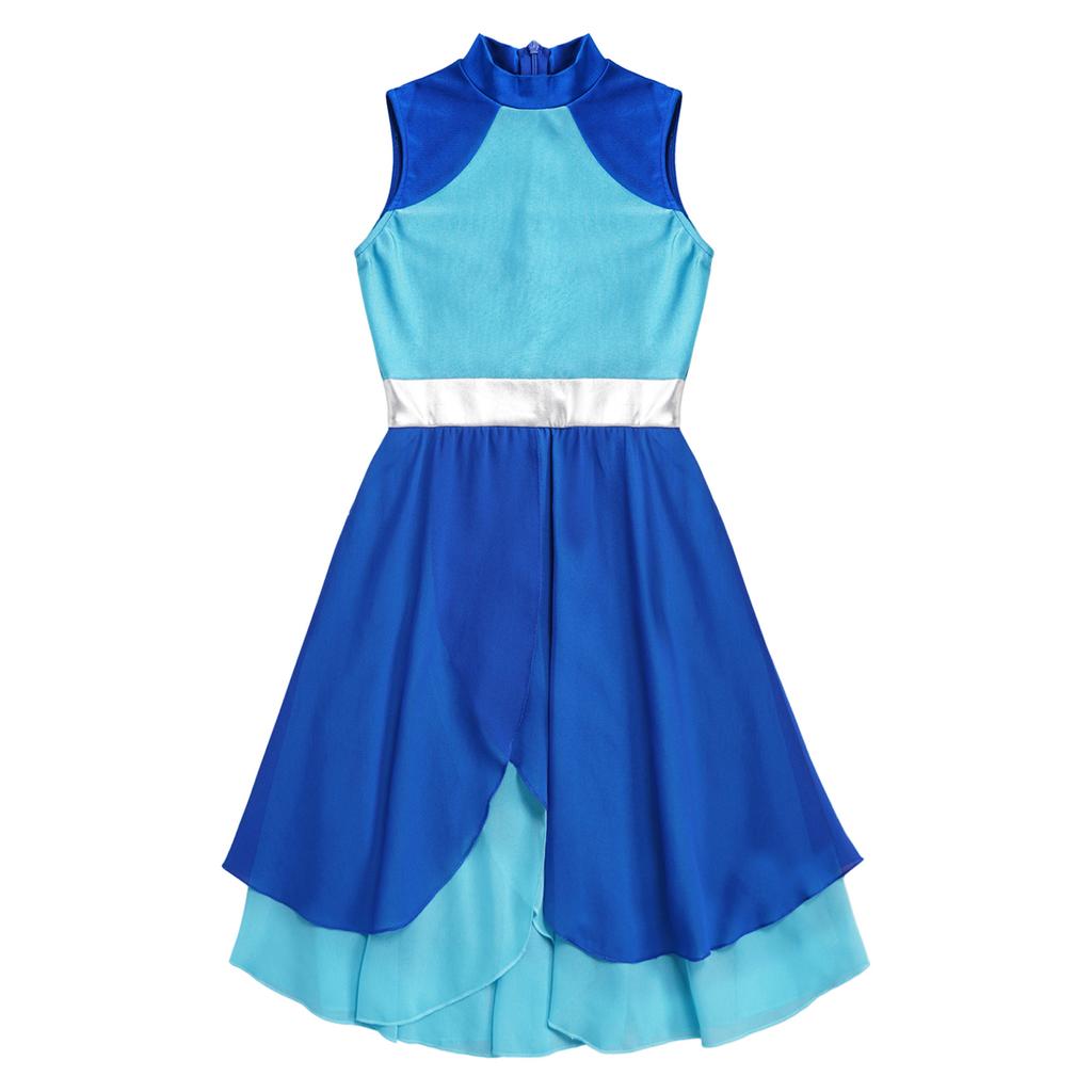 Kids Girls Color Block Dance Dress Mock Neck Sleeveless Tiered Wrapped Hem Praise Lyrical Dance Dress Dancewear