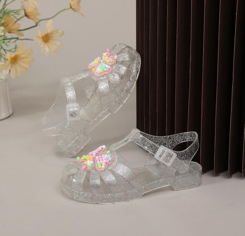 Girls Shiny Jelly Sandals Roman Closed Toe Hollow Princess Beach Shoes For Summer