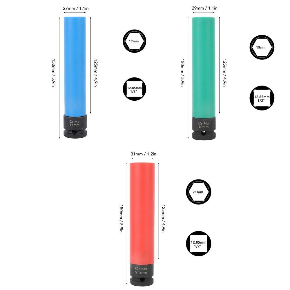 1/2 Inch Drive Wheel Nut Sockets 17mm / 19mm / 21mm Extra Deep Body Wheel Protector Sockets 6 Point Lug Nut Socket Replace Tires