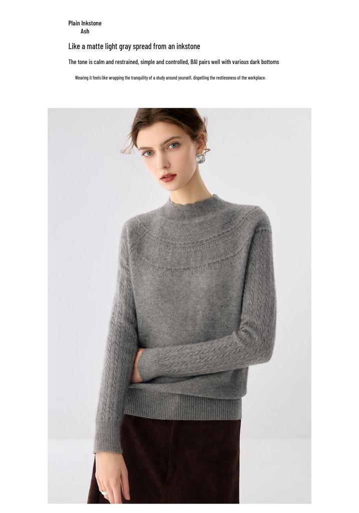 12-Gauge Women's Cashmere Crochet Hollow-Out Turtleneck Pullover Sweater