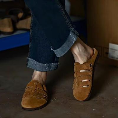 Damenschuhe 2024 Hohe Qualität Sommer Heißverkaufende Damen Hausschuhe Mode Einfarbig Baotou Wildleder Damen Flache Hausschuhe