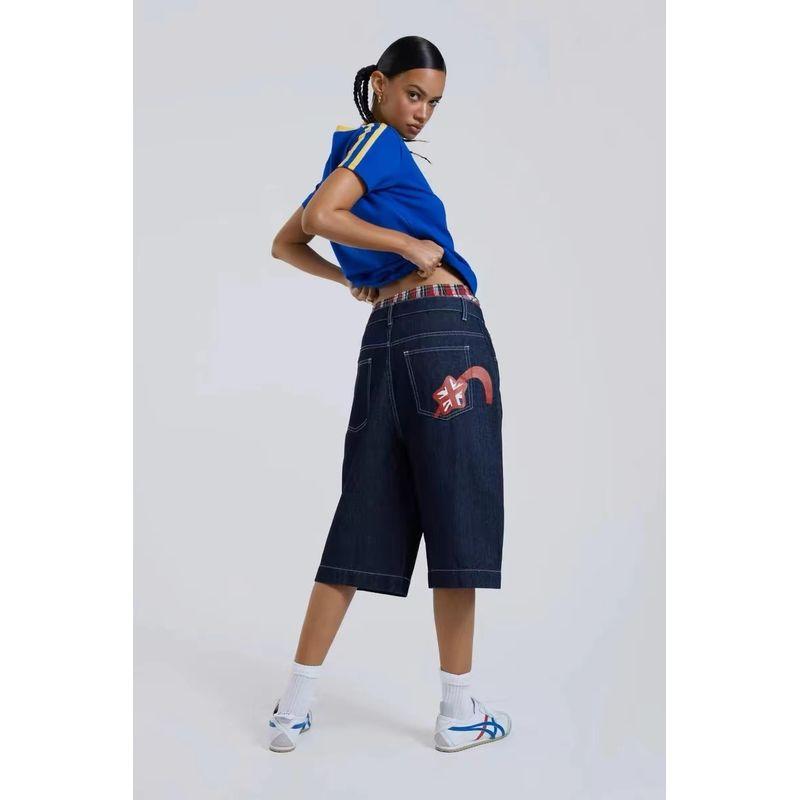 

Jaded London Fashion Sexy Primary Color Denim Retro Style Half Length Middle Pants Wide Leg Straight Pants Blue L