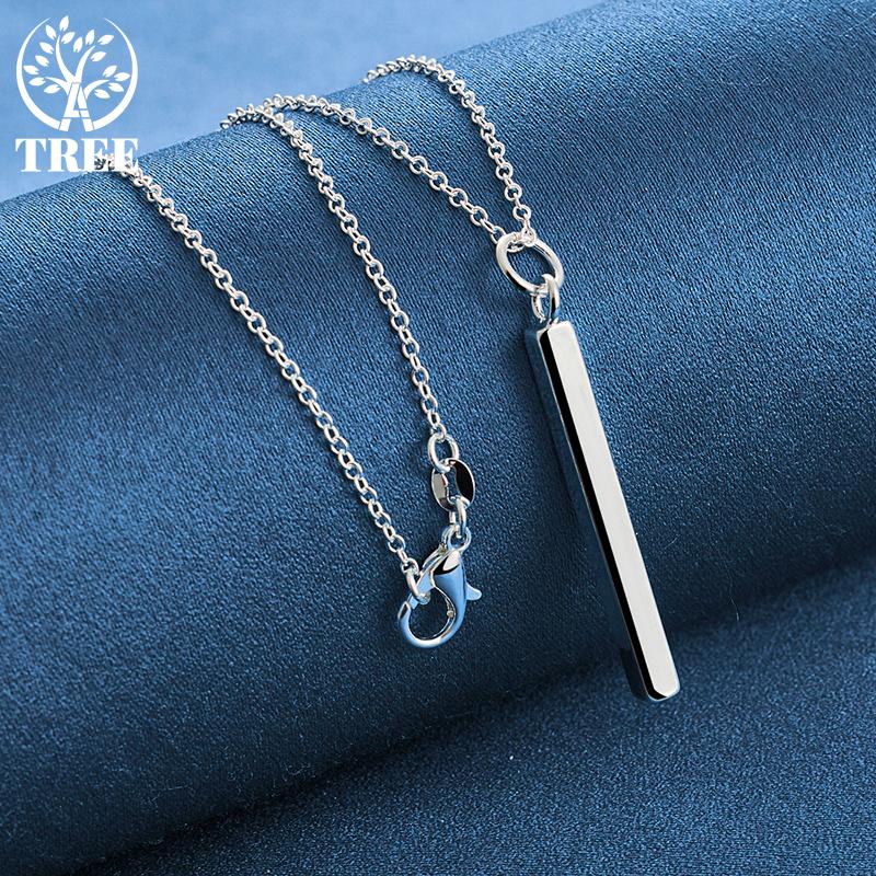 925 Sterling Silver Smooth Square Pillar Pendant Necklace Fashion Jewelry