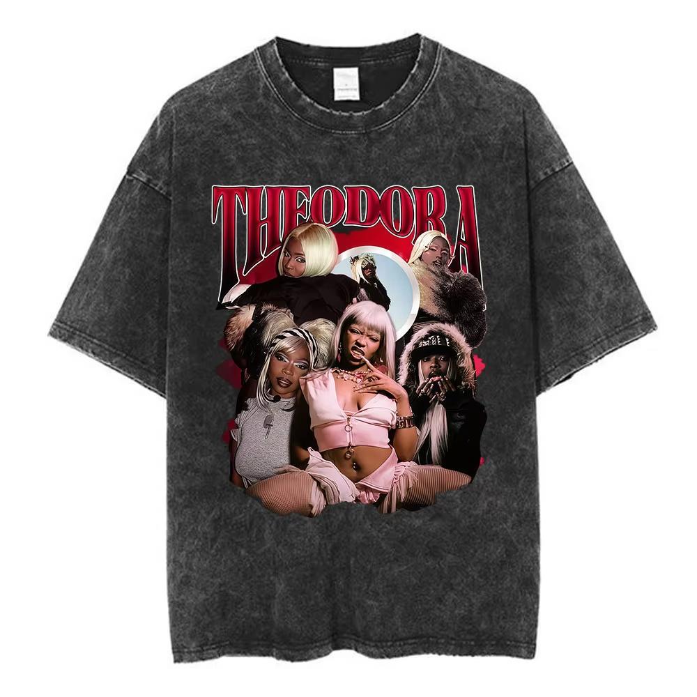 Washed Vintage Rapper Theodora Mega Bbl Graphic T Shirt Men Women Hip Hop Fashion Tshirt Casual Oversized Short Sleeves T Shirt