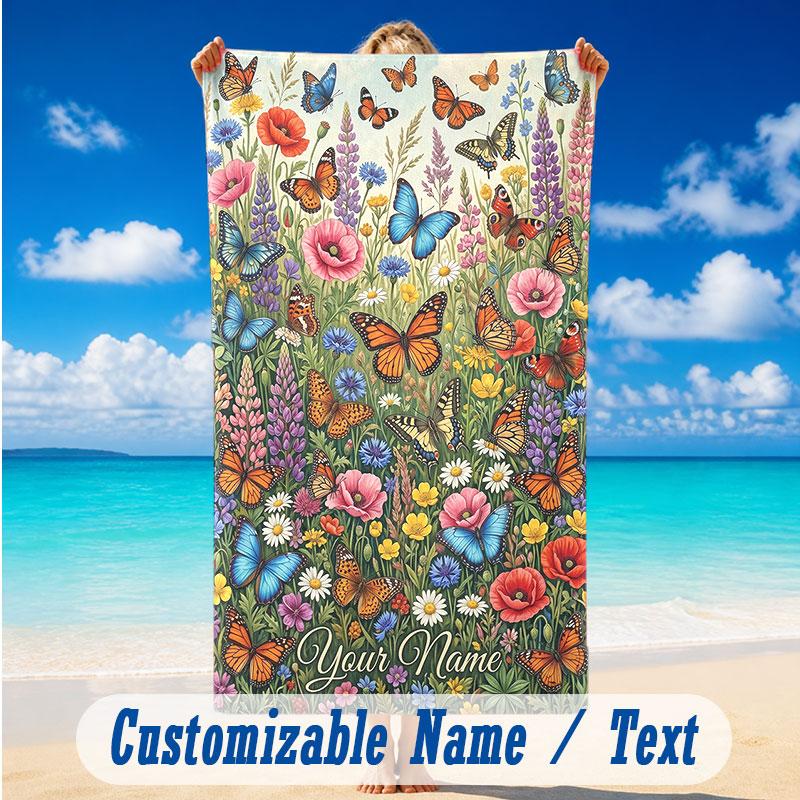 Butterfly Theme Beach Towel Personalized Custom Name & Text Soft Quick Dry Beach Towel for Swimming Travel