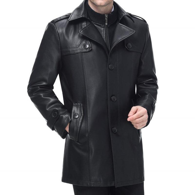 Chaqueta de Cuero para Hombre en Otoño e Invierno Nuevo Estilo Chaqueta de Cuero de Oveja para Padre de Mediana Edad Chaqueta Cortavientos Larga de Cuero con Cuello de Traje para Hombre
