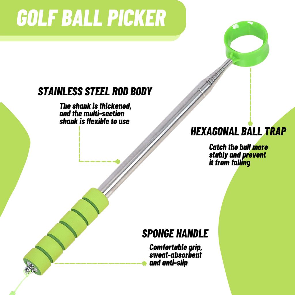 Golf Ball RetrieverTelescopic Stainless Steel Shaft High Durability Double-Sided Ball Picker Upper Grabber Golf Gifts for Golfer