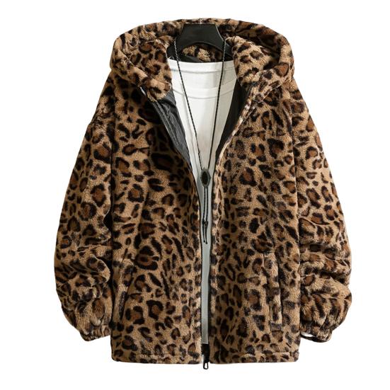 Leopard Print Long Sleeve Pockets Zipper Closure Men Coat Winter Thickened Double-sided Plush Hooded Outerwear