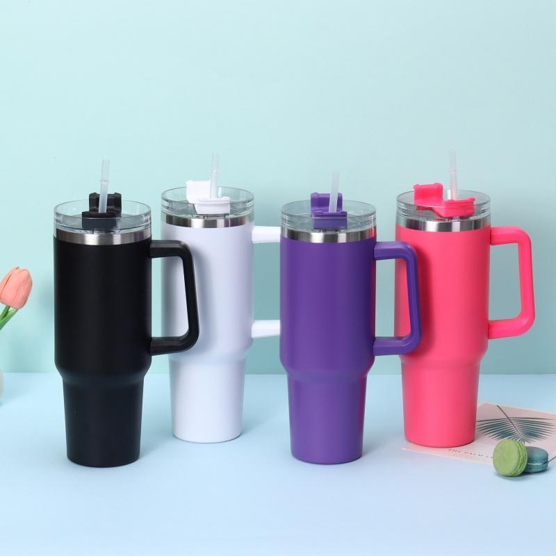 Simple Solid Color Large Capacity Double-layer Vacuum Stainless Steel Thermos Cup with Straw Coffee Cup Outdoor Car Water Cup