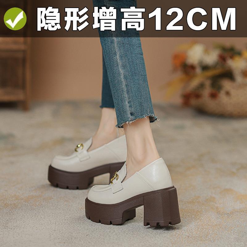 Inner height increase 12cm loafer single shoes genuine leather black thick sole new small leather shoes women 3233 black small leather