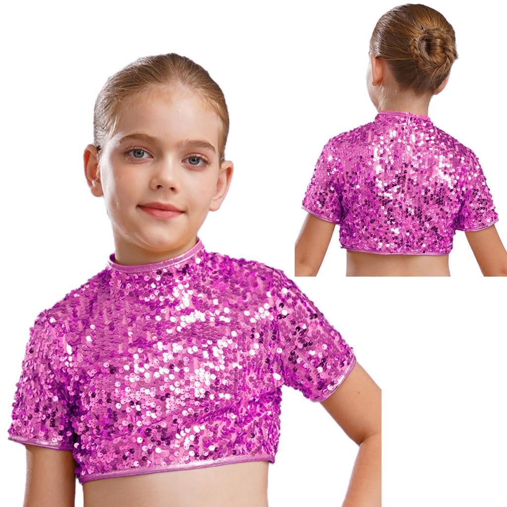 Fantasia de Performance de Cheerleading Jazz Dance para Meninas Gola Alta Manga Curta Brilhante Lantejoulas Top Cropped