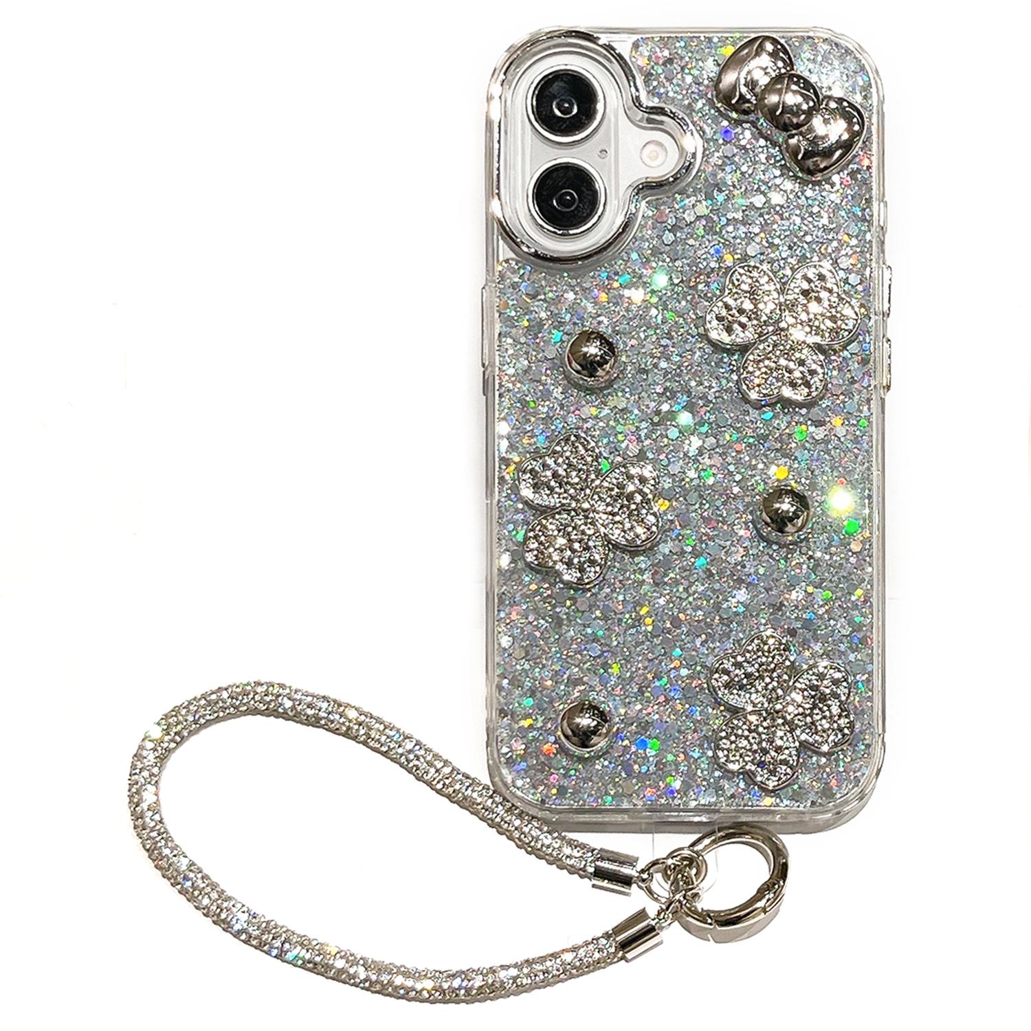 

Чехол для iPhone 16 Бабочка Серебристый Жемчуг Цветок Блестки Эпоксидная смола с Ремешком на Запястье Защитная Крышка Стильный Противоударный A