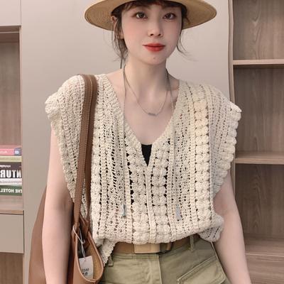 Aushöhlen Haken Blume V-Ausschnitt Strickshirts Damen Sommer Neu Ärmellos Vintage Locker Lässig Damenblusen Tops Mode Slim Fit Damenhemd 26390