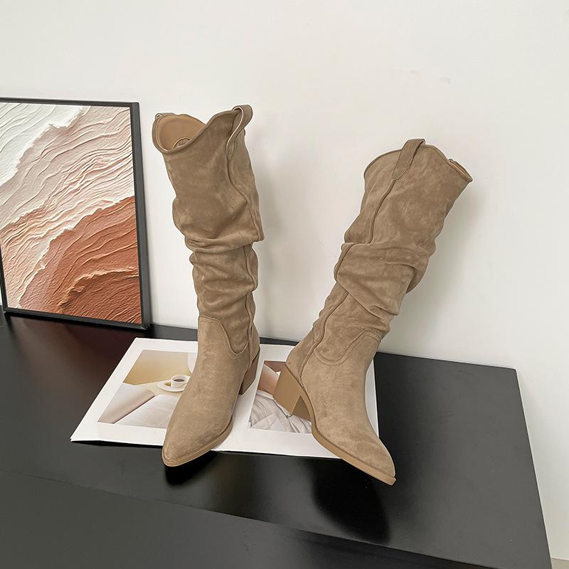 Suede Boots Women's Stacking Boots Autumn and Winter New Thick Heel Pointed V-mouth Thin Tall Western Cowboy Boots Knight Boots