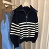 QICED Lapel Half Zip Contrast Color Striped Pullover Sweater Women's Winter New Lazy Style with A Knitted Western-style Base Shirt