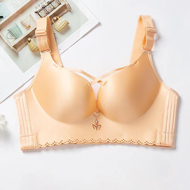 Fat Girl's No-rim Cross-gathering Plus-size Underwear with Adjustable Shape and Beautiful Back Large Cup and Side-breasted Bra