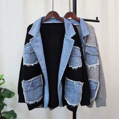 Denim Jackets Women Lapel Spliced Knitted Open Stitch Full Sleeve Outwear