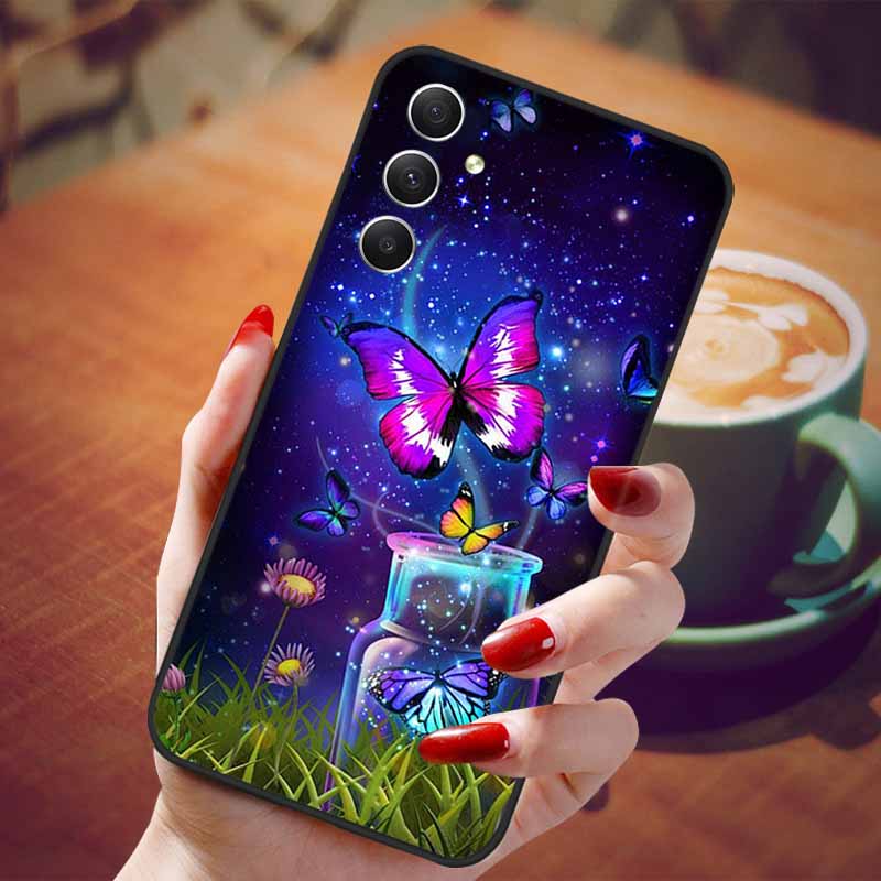 For Samsung Galaxy A55 5G Case Black TPU Silicone Beautiful Pattern Phone Cases for Galaxy A55 Shockproof Soft Cover A 55 6.6''