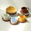 Nordic Hand-crumpled Ceramic Mugs and Saucers Have A High Sense of Solid Color Ceramic Coffee Cups and Saucers with Wooden Mats