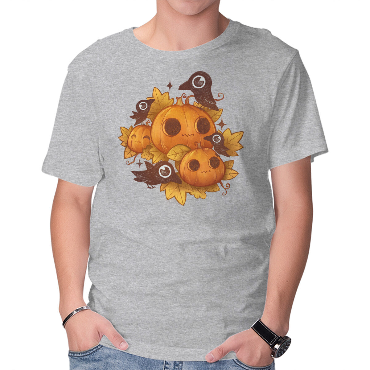 Unisex Crew Neck T-Shirt Pumpkins And Crows Graphic Short Sleeve Casual Tee S