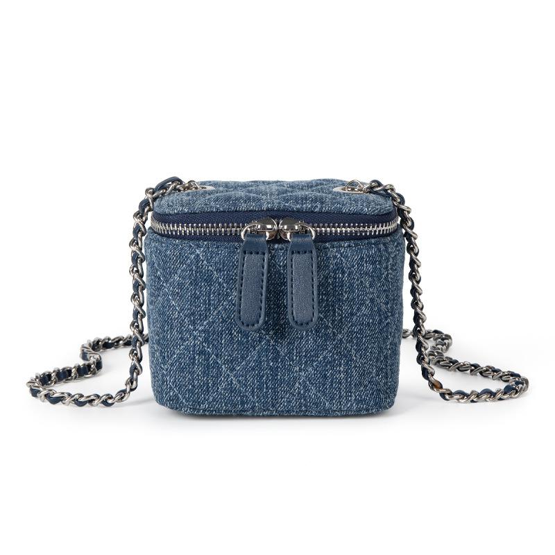 Niche Design Diamond Grid Embroidery Thread Small Fragrant Style Denim Chain Small Bag Simple and Versatile Crossbody Bag