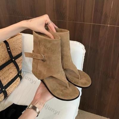 Sapatos de Aumento de Altura da Moda para Mulheres Verão 2025 Nova Moda Botas Cool Retro Planas Sandálias de Biqueira Aberta e Pega Biqueira Redonda