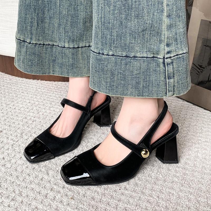 Summer Genuine Leather Toe Block Heel Mary Jane Shoes Women's High Heels Fashion Women's Shoes Comfortable and Elegant Sandals