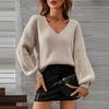 Womens V-Neck Knit Sweater Long Sleeve Loose Fit Solid Color Casual Pullover Office Daily Wear