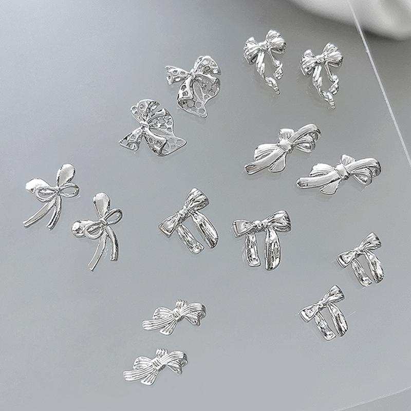 10 Pcs Glossy Silver Ribbon Nail Art Charm 3D Metal Alloy Bows Silk Ribbon Nail Decoration Diy Retro Metallic Nail Accessories