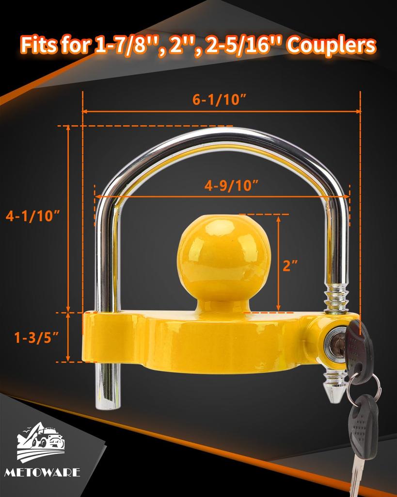 METOWARE Universal Adjustable Heavy Duty Steel Trailer Hitch Lock Anti-Theft Trailer Ball Lock Tow
