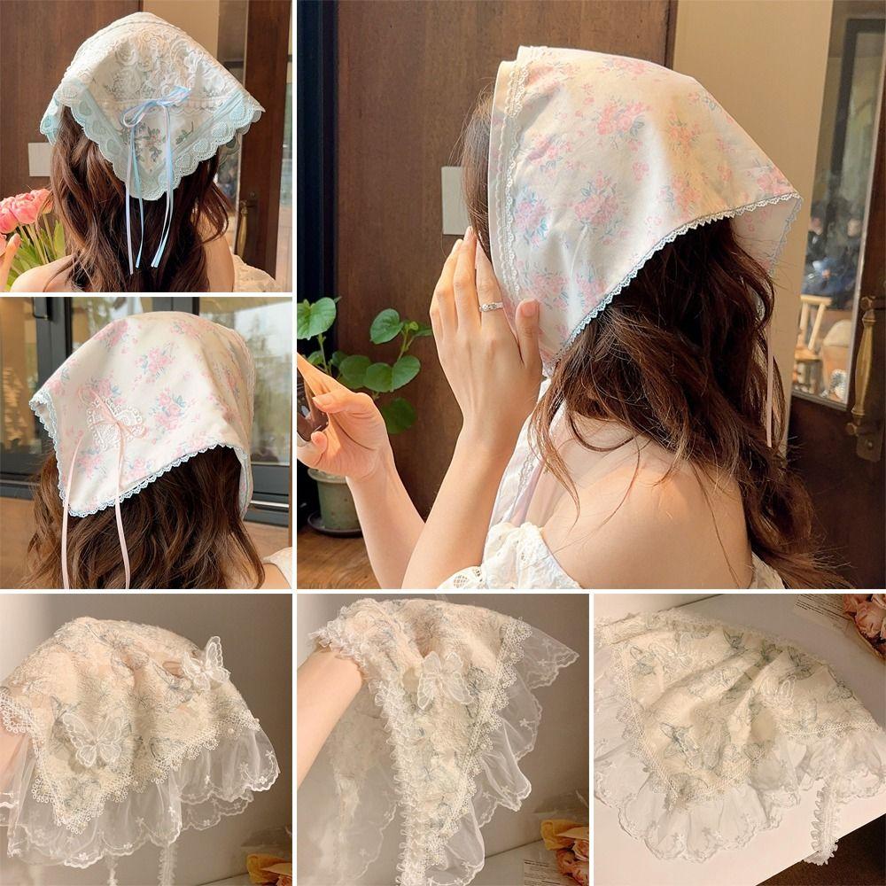 Multicolor Lace Butterfly Headband Floral Patern Headscarf Sweet Triangular Headband  Spring Outing