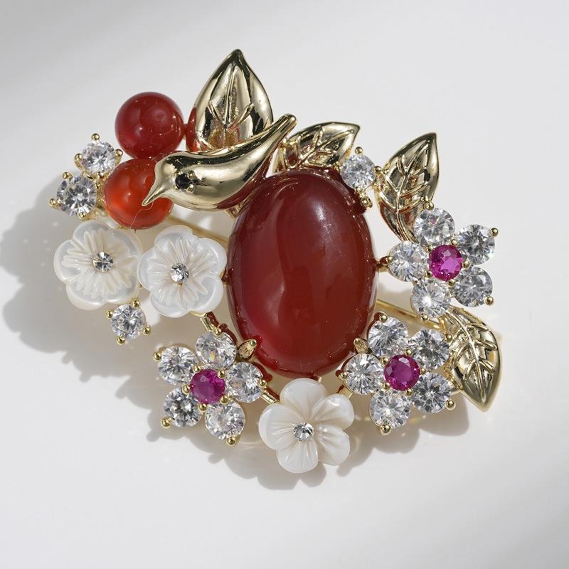 Bo Xin Yun Summer High-End Bird Brooch: Shell  Plum Blossom with Zircon and Red Agate