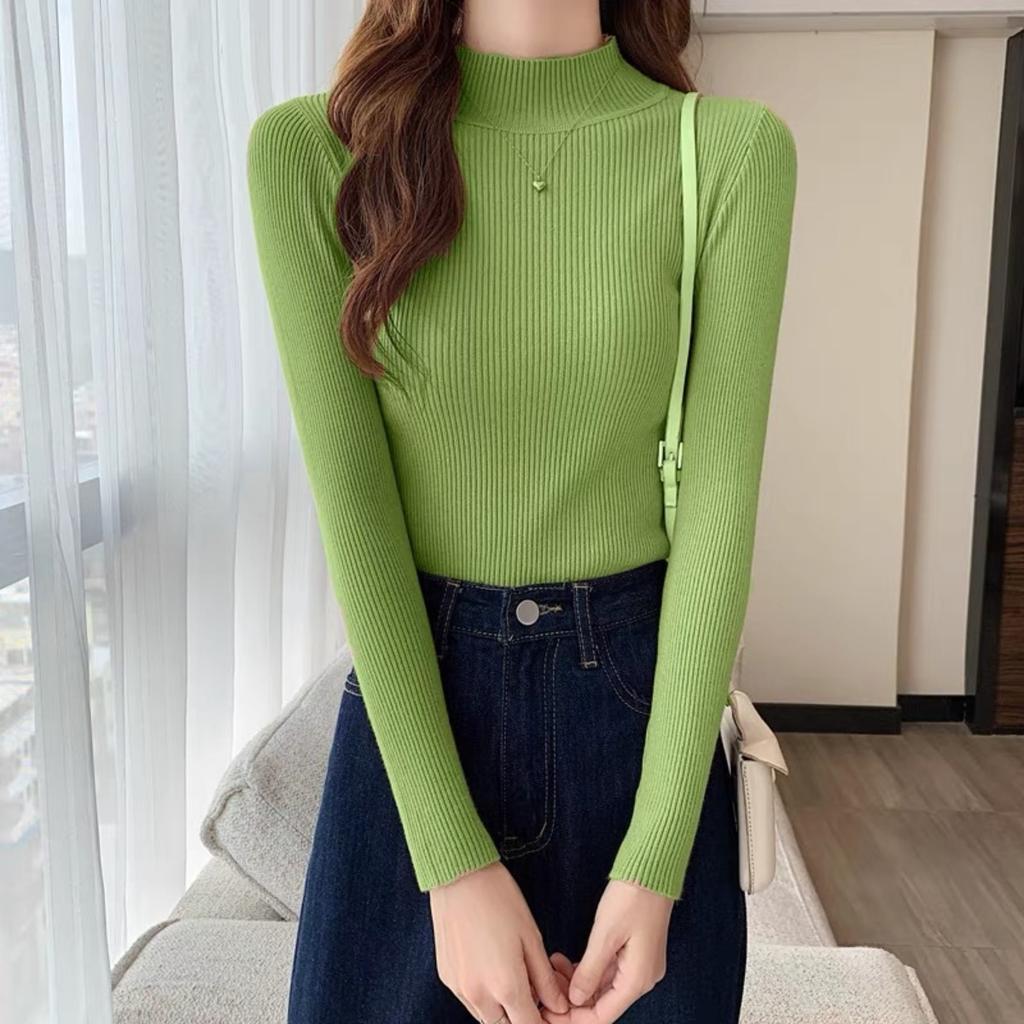 Spring and Autumn Winter Long Sleeve Sweater Women's Interior Tailored Bottom Shirt Half High Collar Korean Edition Knitted Shirt Women's Top