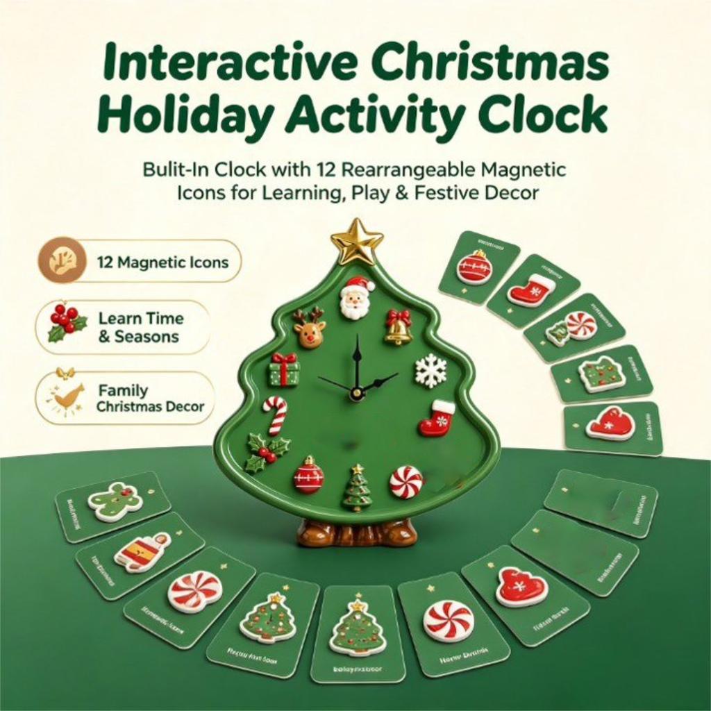 Christmas Holiday Clock, Festive Tabletop Decor for Mantel, Shelf and Home