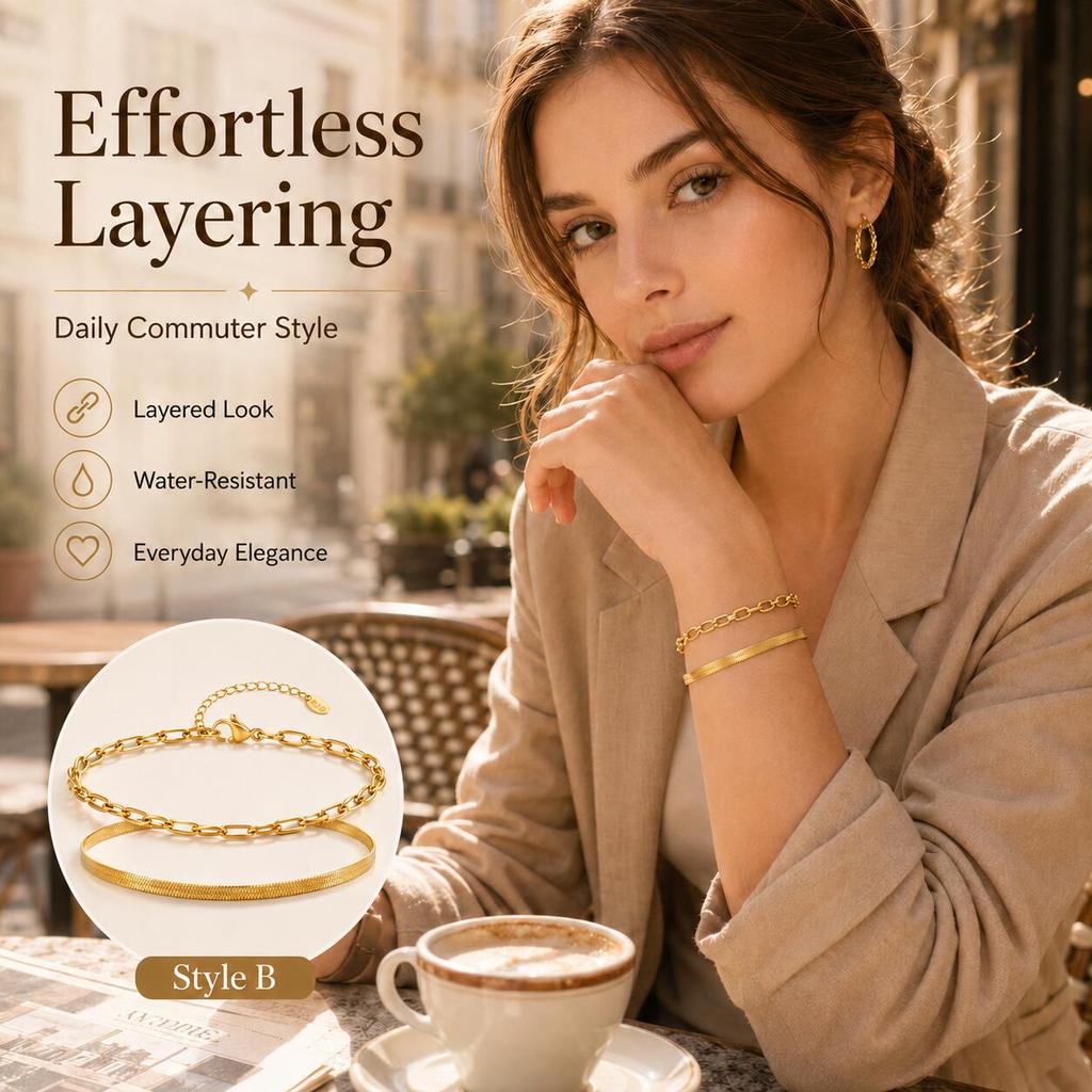 Minimalist Bracelet Women, Adjustable Layered Gold Plated Chain Bracelet Stainless Steel Tarnish Free Jewelry