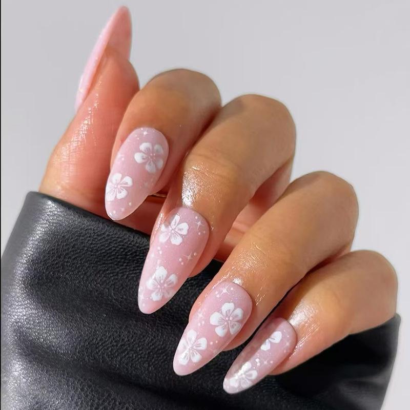 24Pcs White Flower Short Almond Press On Nails Glossy Blue French Tip Acrylic Full Cover Fake Nails Art Set For Women Girls