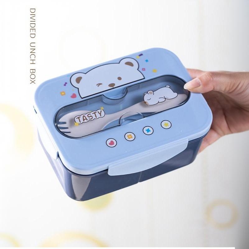 Cartoon Lunch Box Mug Set Portable Plastic Bento Box With Fork Kids Lunch Box Food Storage Container Food Holder