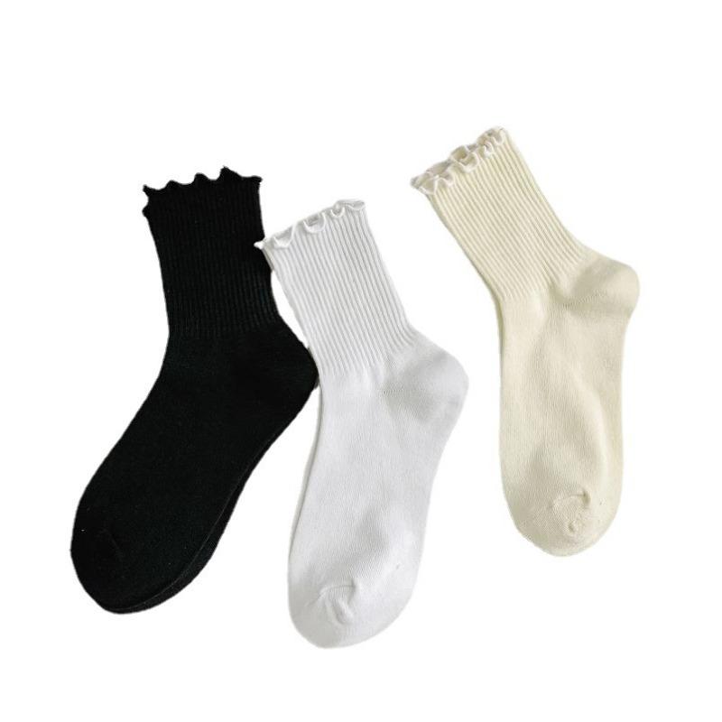 5 Pairs of Wooden Ear Edge Socks Women's Mid-calf Spring, Autumn and Summer Models of Three-colour Cotton Socks Solid-coloured Lace Stacked Socks